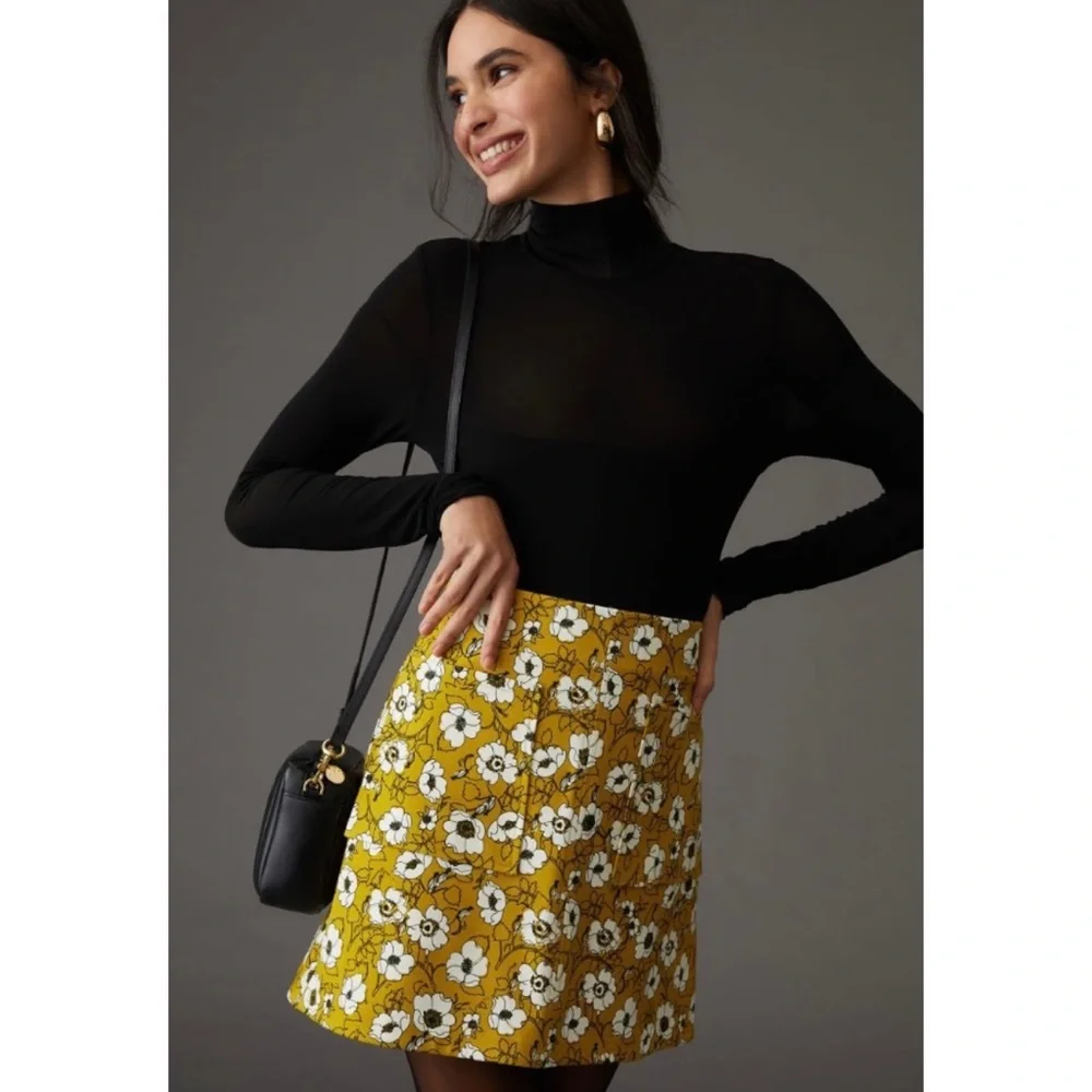 NWOT Anthropologie A-Line Mini Skirt in Yellow Motif  Size XSmall_3